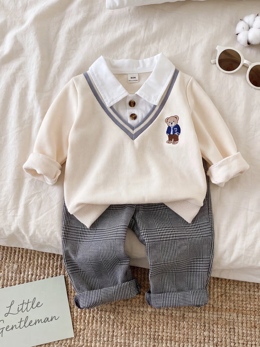 Polo Shirt Pants Preppy Cute Apricot Bear Faux 2-In-1