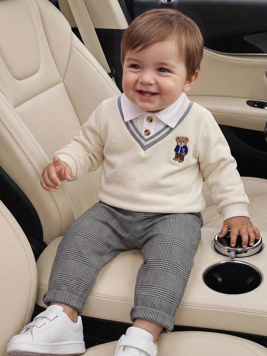 Polo Shirt Pants Preppy Cute Apricot Bear Faux 2-In-1