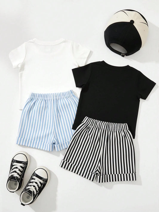 Baby Boy Solid Color T-Shirt And Striped Bear Print Shorts Set