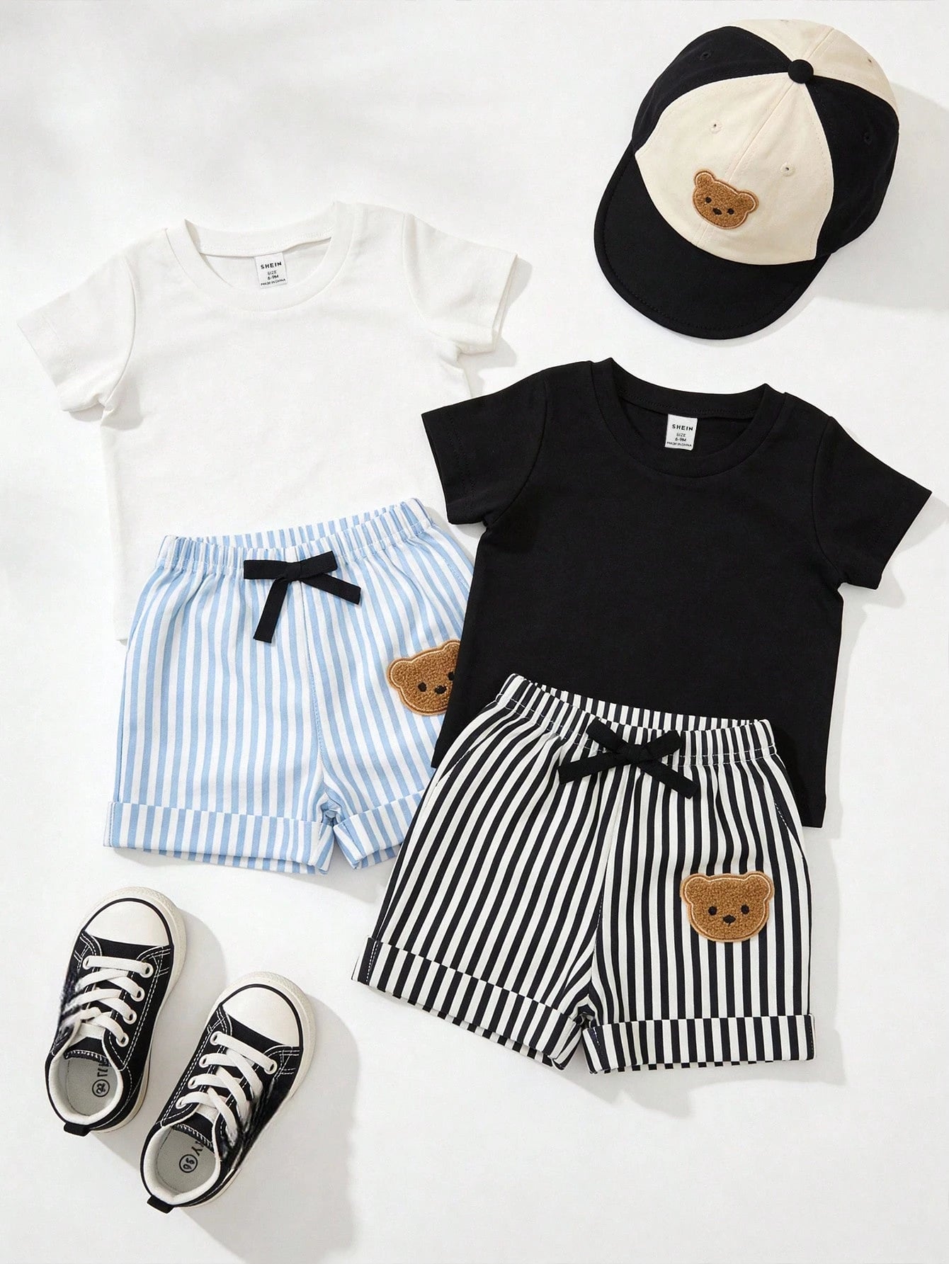 Baby Boy Solid Color T-Shirt And Striped Bear Print Shorts Set