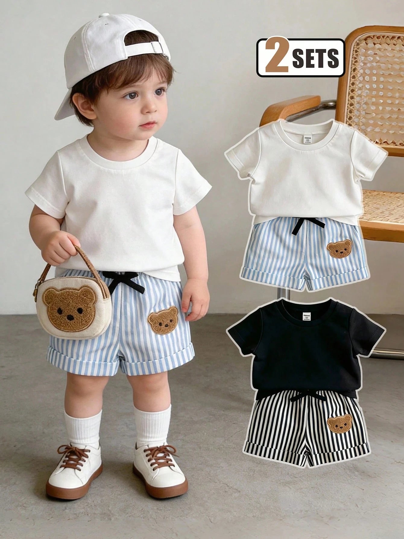 Baby Boy Solid Color T-Shirt And Striped Bear Print Shorts Set