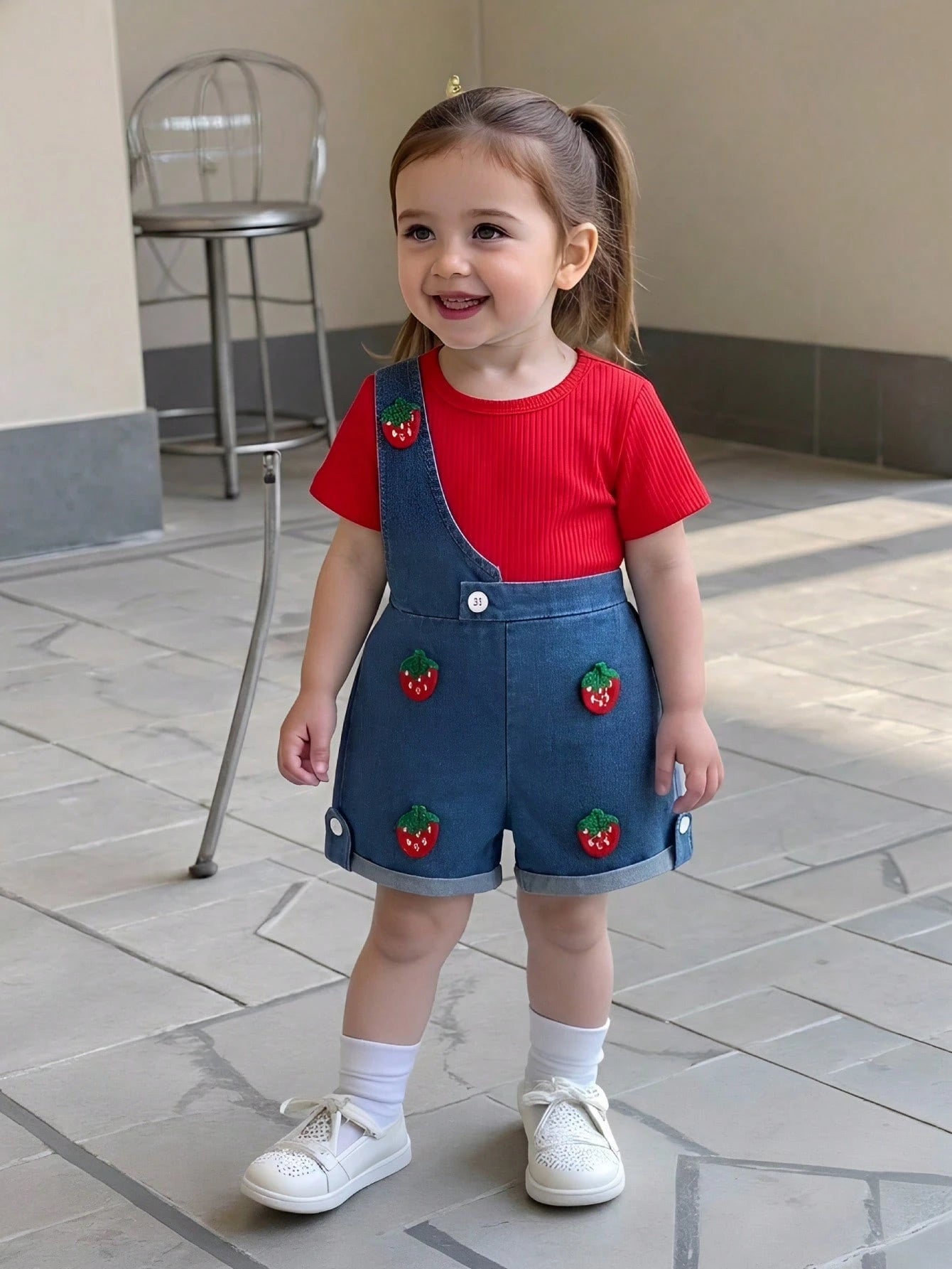 Playful Pals 2pcs Baby Girl Blue Denim Overalls Shorts Set