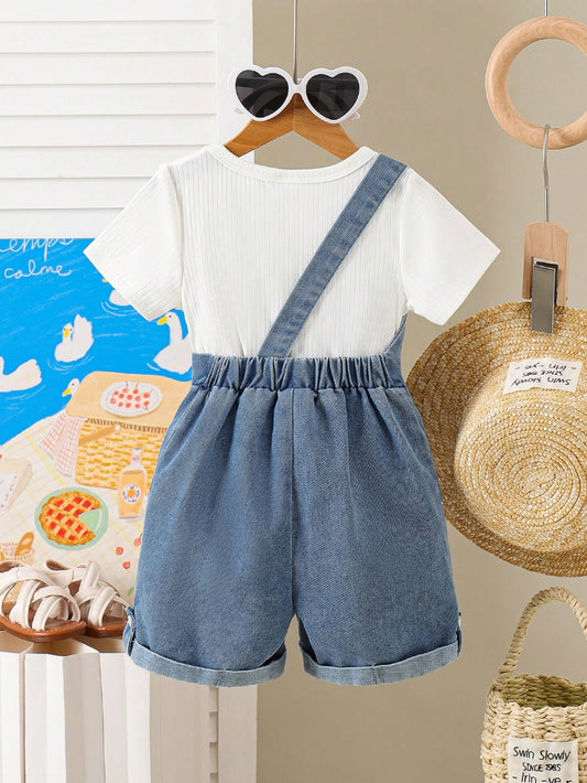 Baby Girl Simple White T-Shirt + 3D Cartoon Duck Decor Strap Denim Shorts,