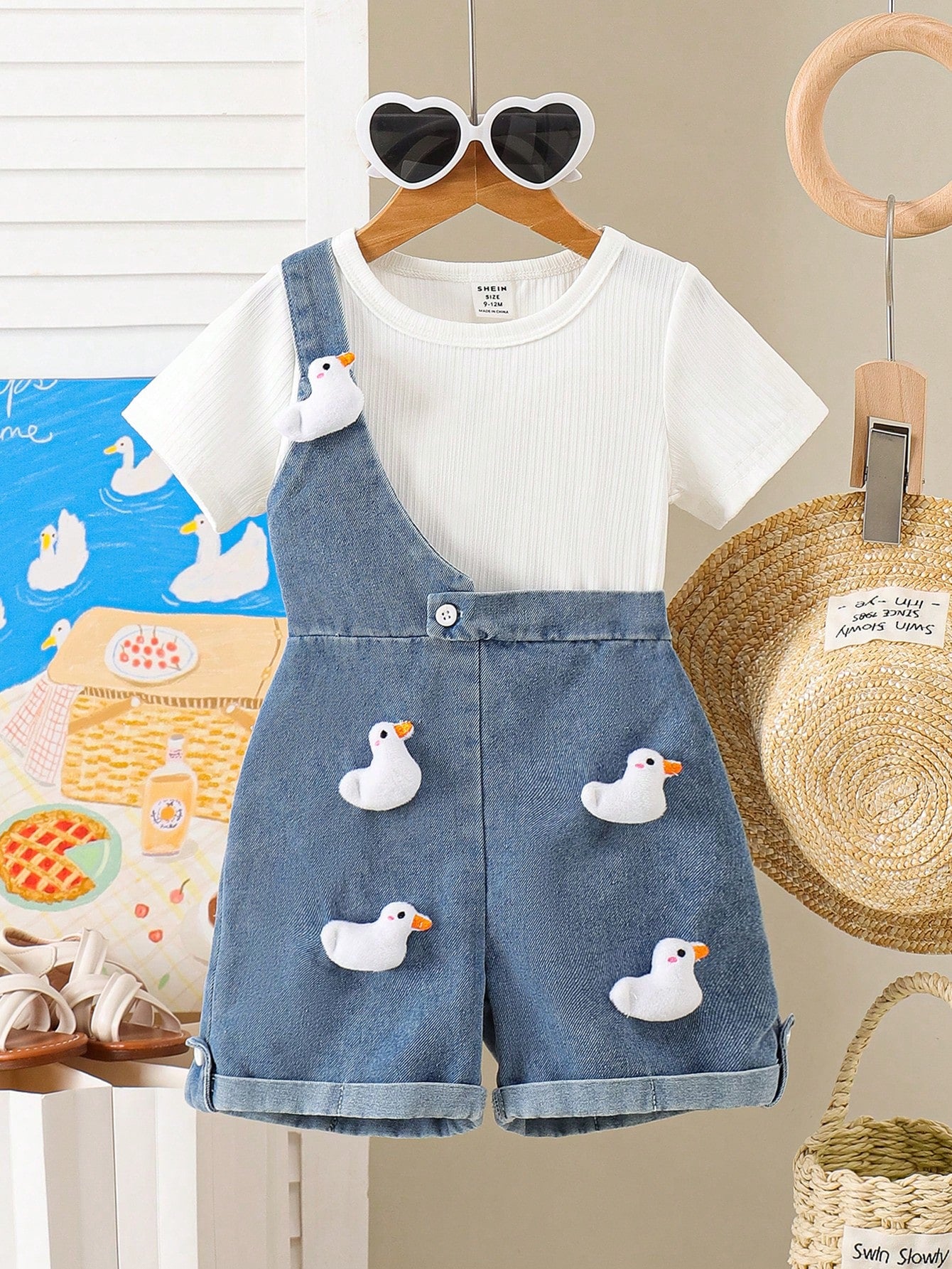 Blue Denim Strap Shorts With 3D Cartoon Duck Top
