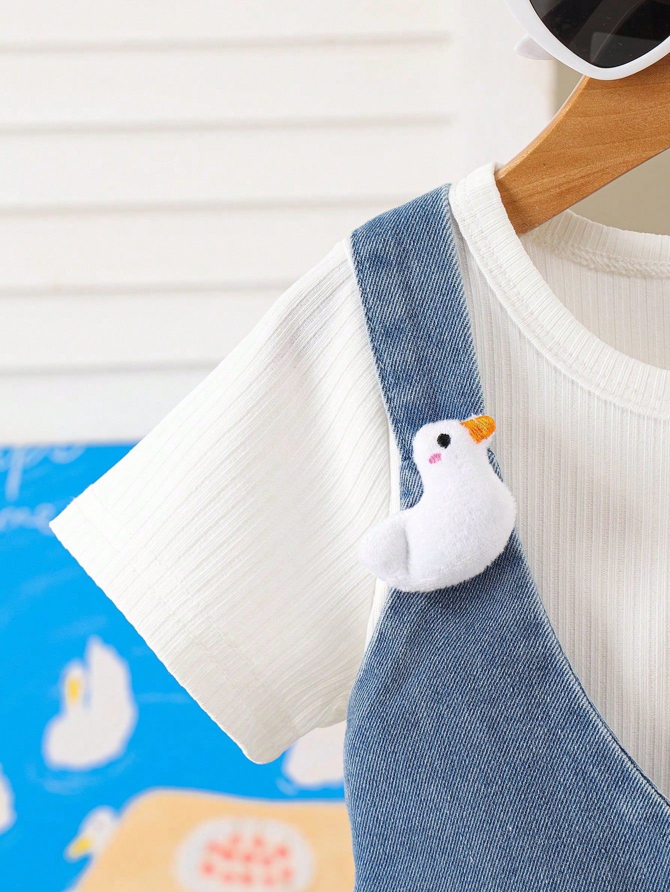 Blue Denim Strap Shorts With 3D Cartoon Duck Top