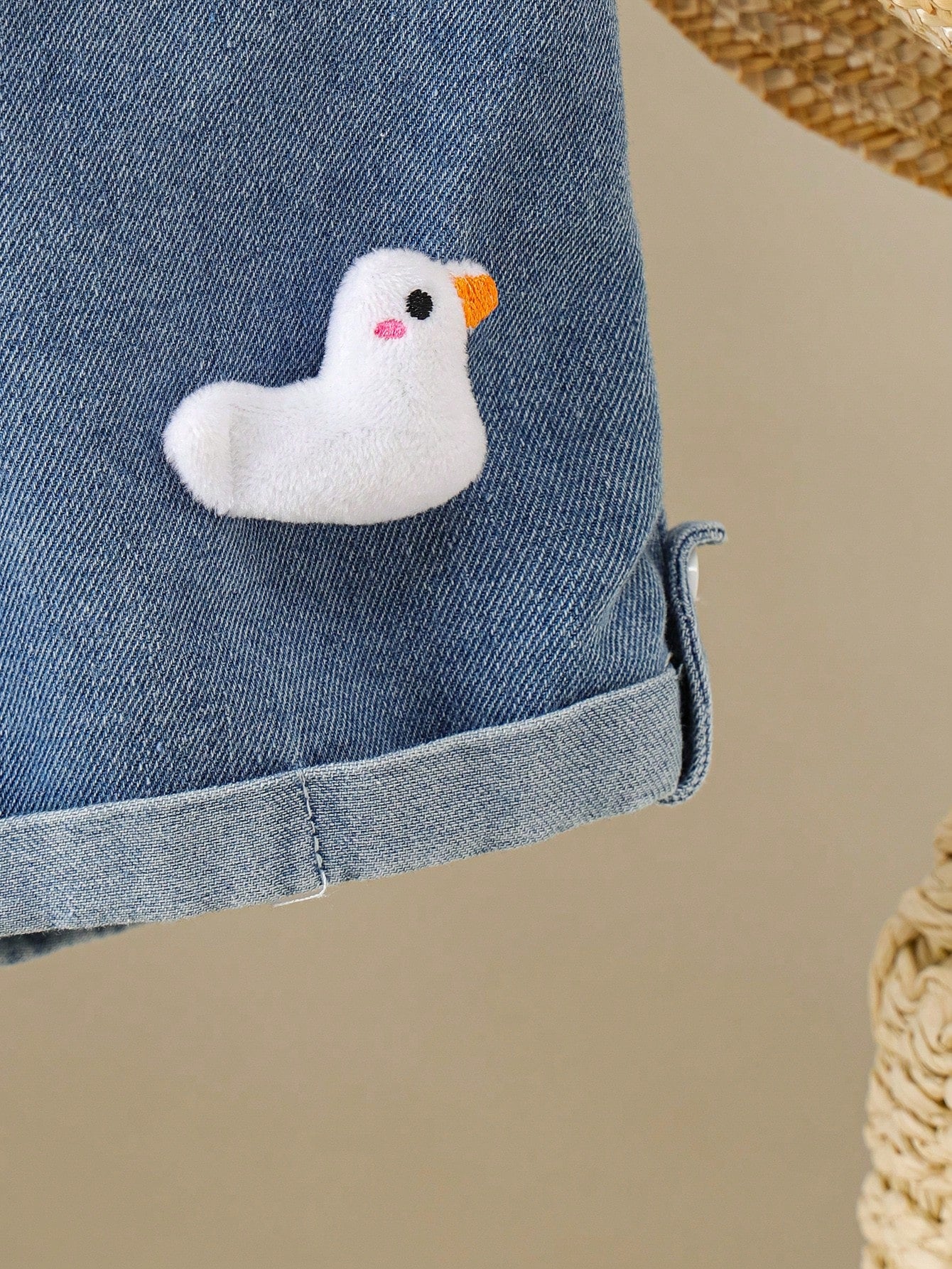 Blue Denim Strap Shorts With 3D Cartoon Duck Top