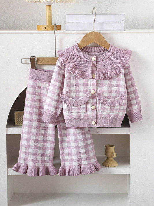 Baby Girls Cute Plaid Ruffle Splicing Top And Pants Set Mauve Purple
