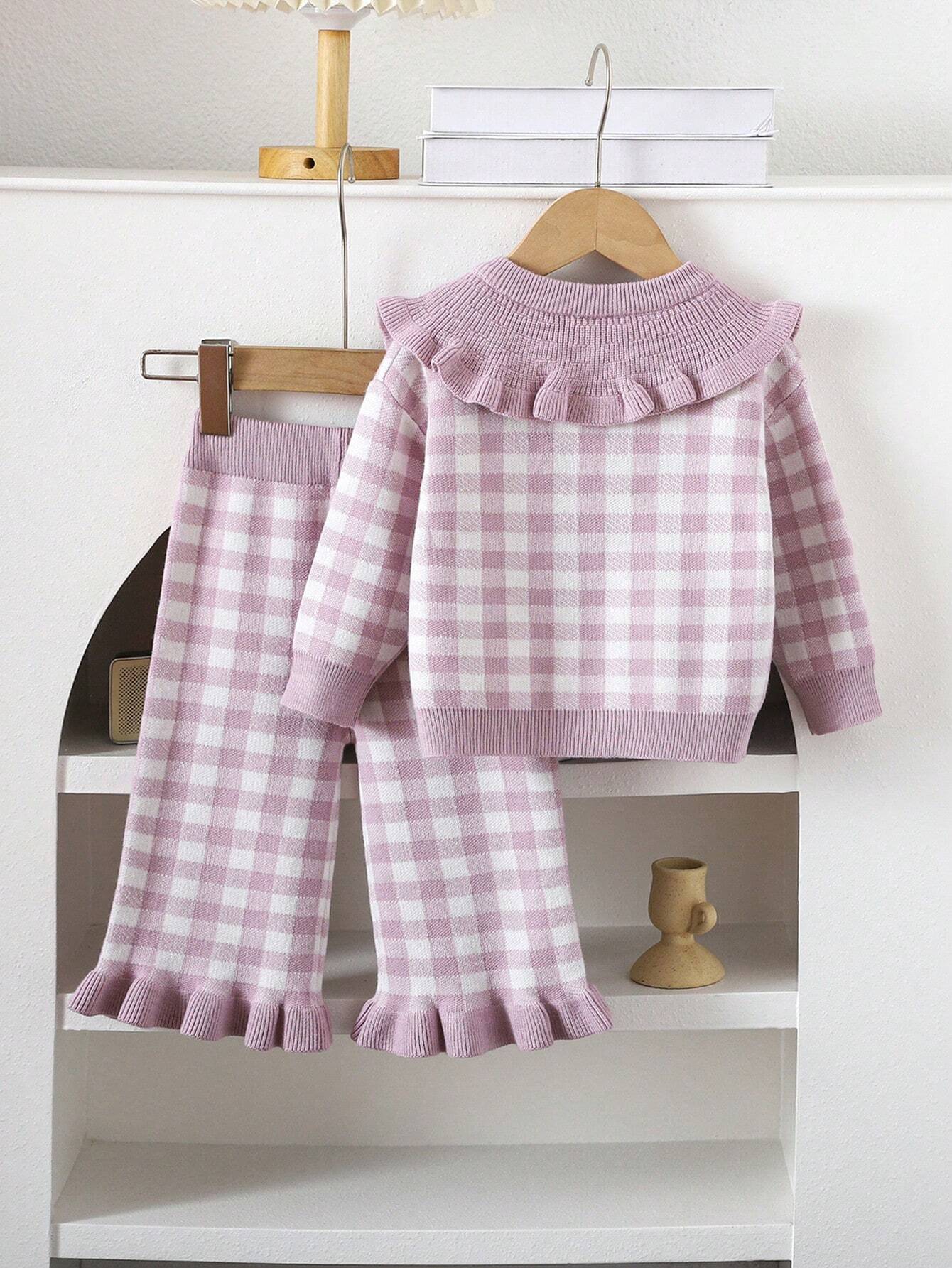 Baby Girls Cute Plaid Ruffle Splicing Top And Pants Set