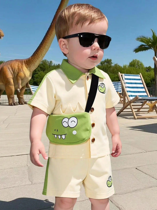 Baby Boy Cute Embroidered Bear Short Sleeve Shirt & Shorts & Crossbody Bags