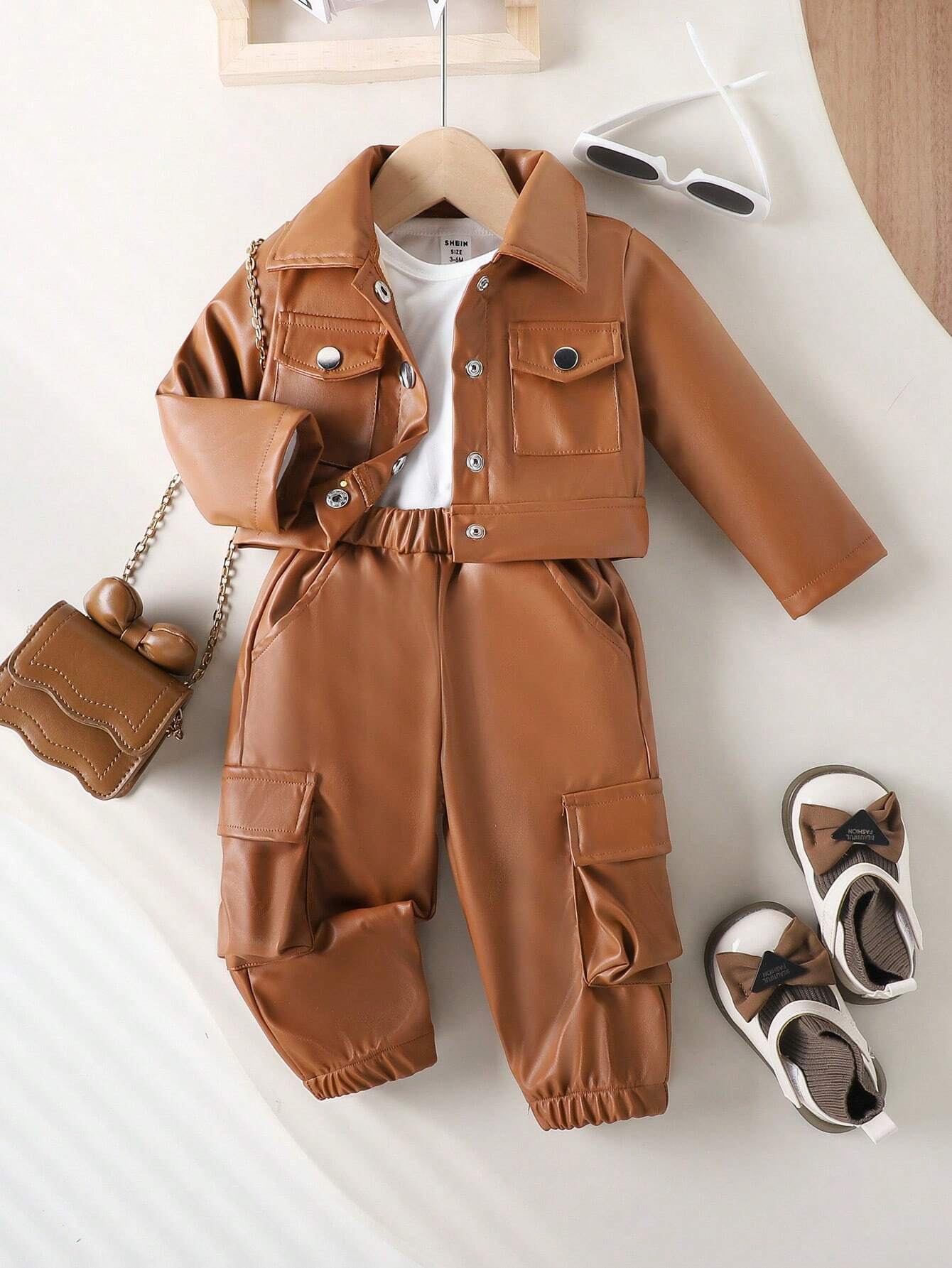 Baby Girl Fashion Streetwear T-Shirt, Button Front Jacket And Cargo Pants Brown