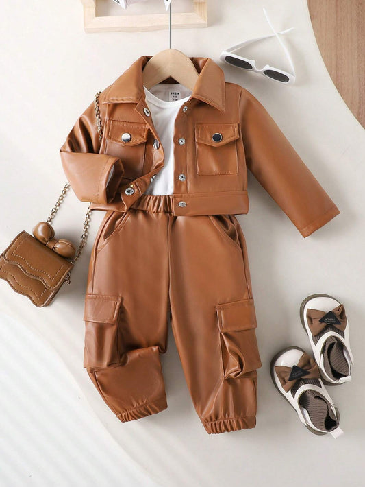 Baby Girl Fashion Streetwear T-Shirt, Button Front Jacket And Cargo Pants Brown