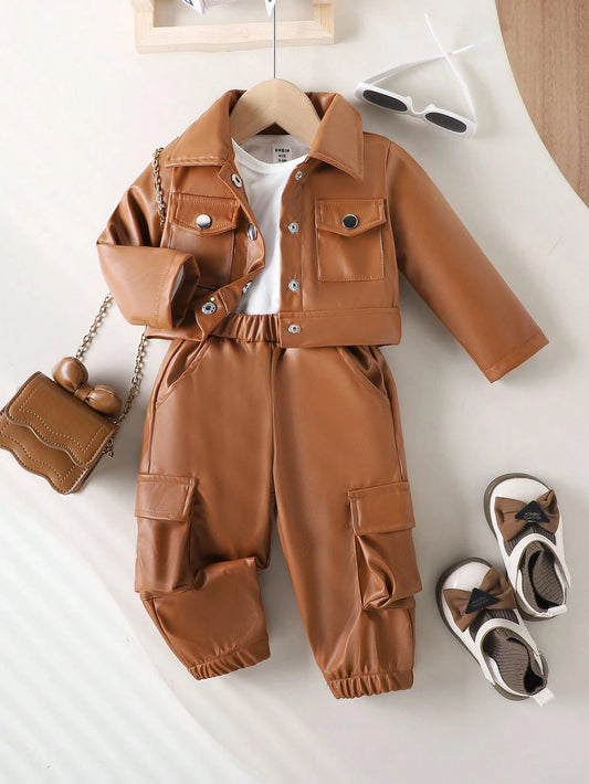 Baby Girl Fashion Streetwear T-Shirt, Button Front Jacket And Cargo Pants-S