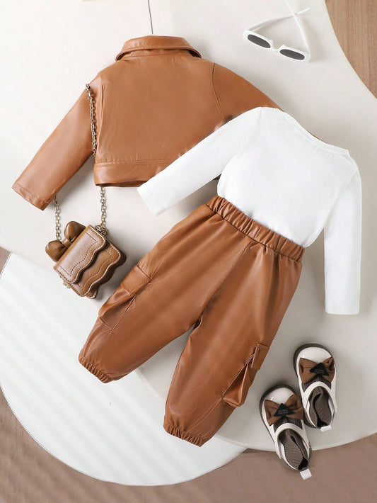 Mummy & Mee 3pcs Baby Girl Fashion Streetwear T-Shirt, Button Front Jacket And Cargo Pants Set