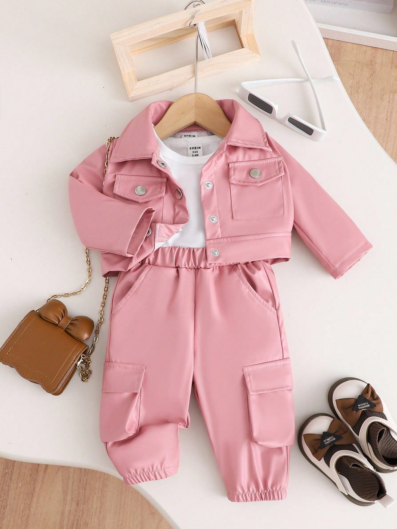 Baby Girl Fashion Streetwear T-Shirt, Button Front Jacket And Cargo Pants Pink