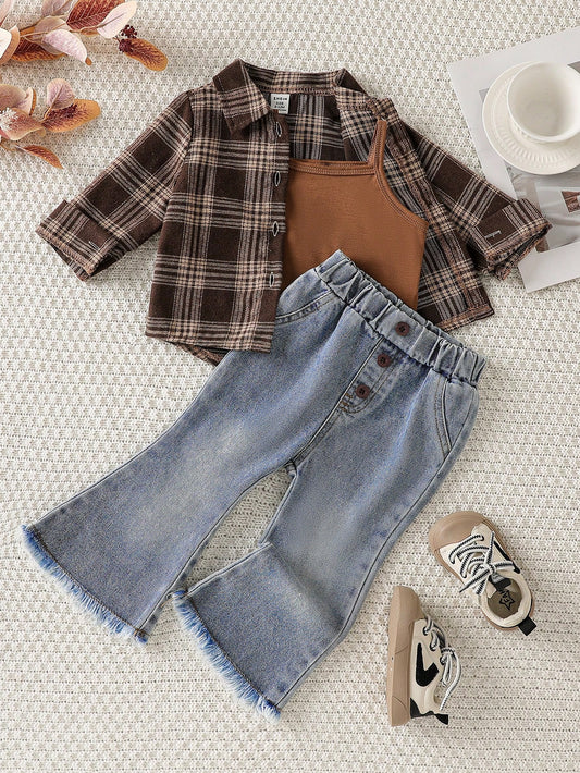 Baby Girls' Fashion Chic Outfit: Plaid Long Sleeve Shirt + Suspender Short Crop Top + Flared Denim Pants