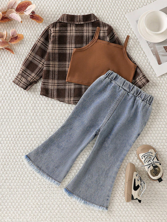Baby Girls' Fashion Chic Outfit: Plaid Long Sleeve Shirt + Suspender Short Crop Top + Flared Denim Pants