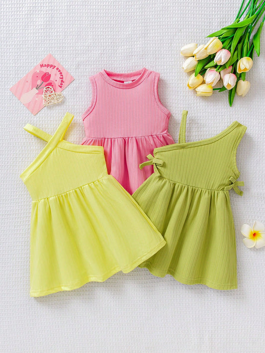 3pcs/Set Baby Girls Fashionable Dopamine Color Design Sleeveless Dress