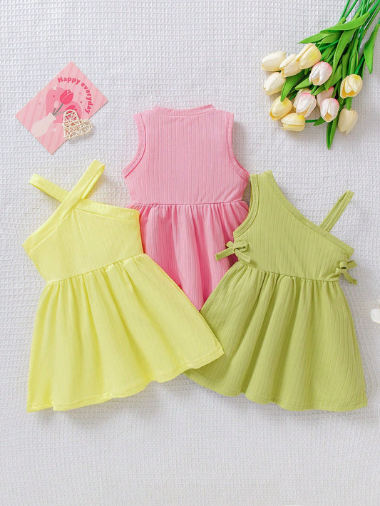 3pcs/Set Baby Girls Fashionable Dopamine Color Design Sleeveless Dress