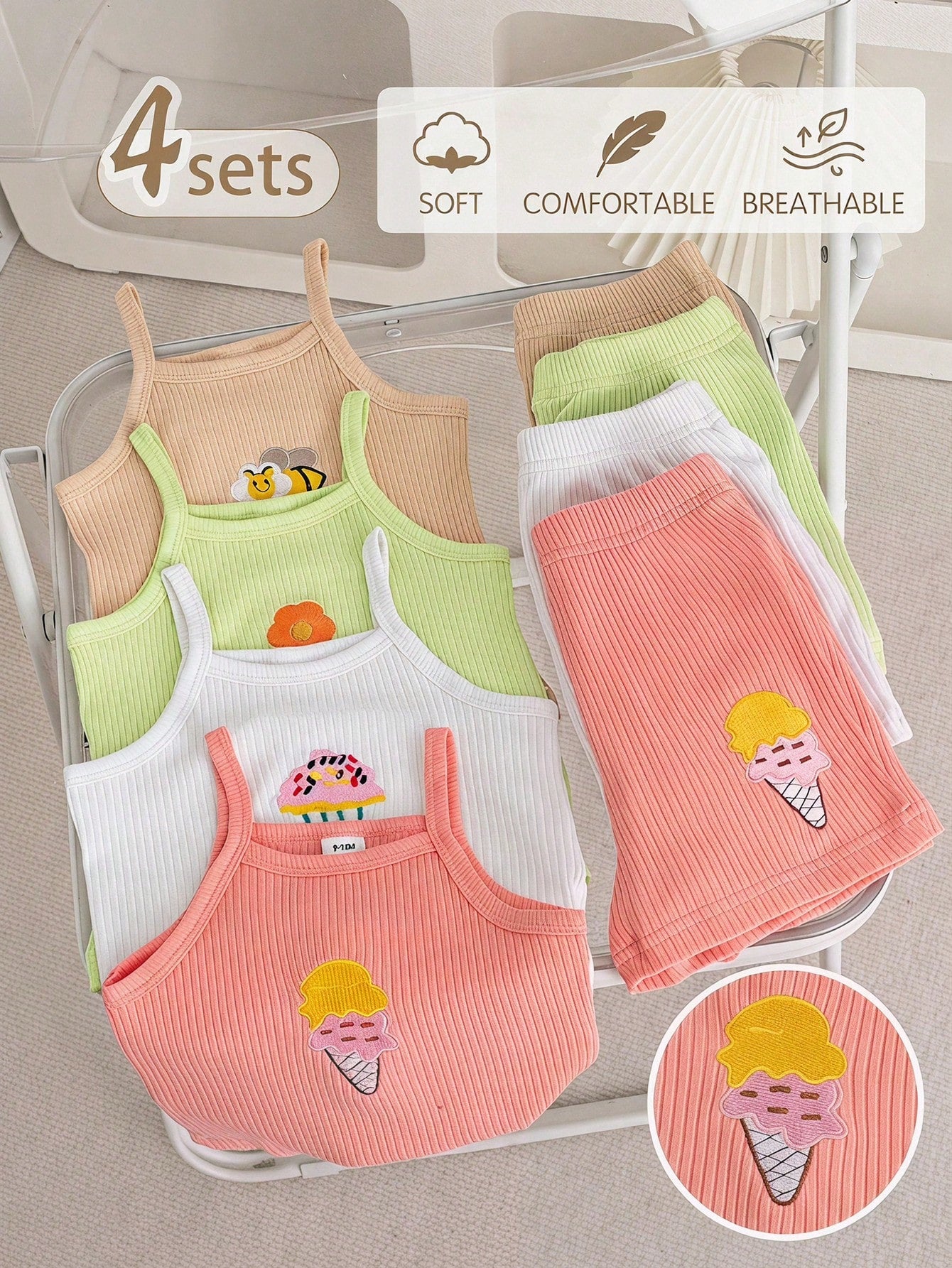 Baby Girl Rib Knit Ice Cream Tank Tops Shorts 2 Pieces Sets