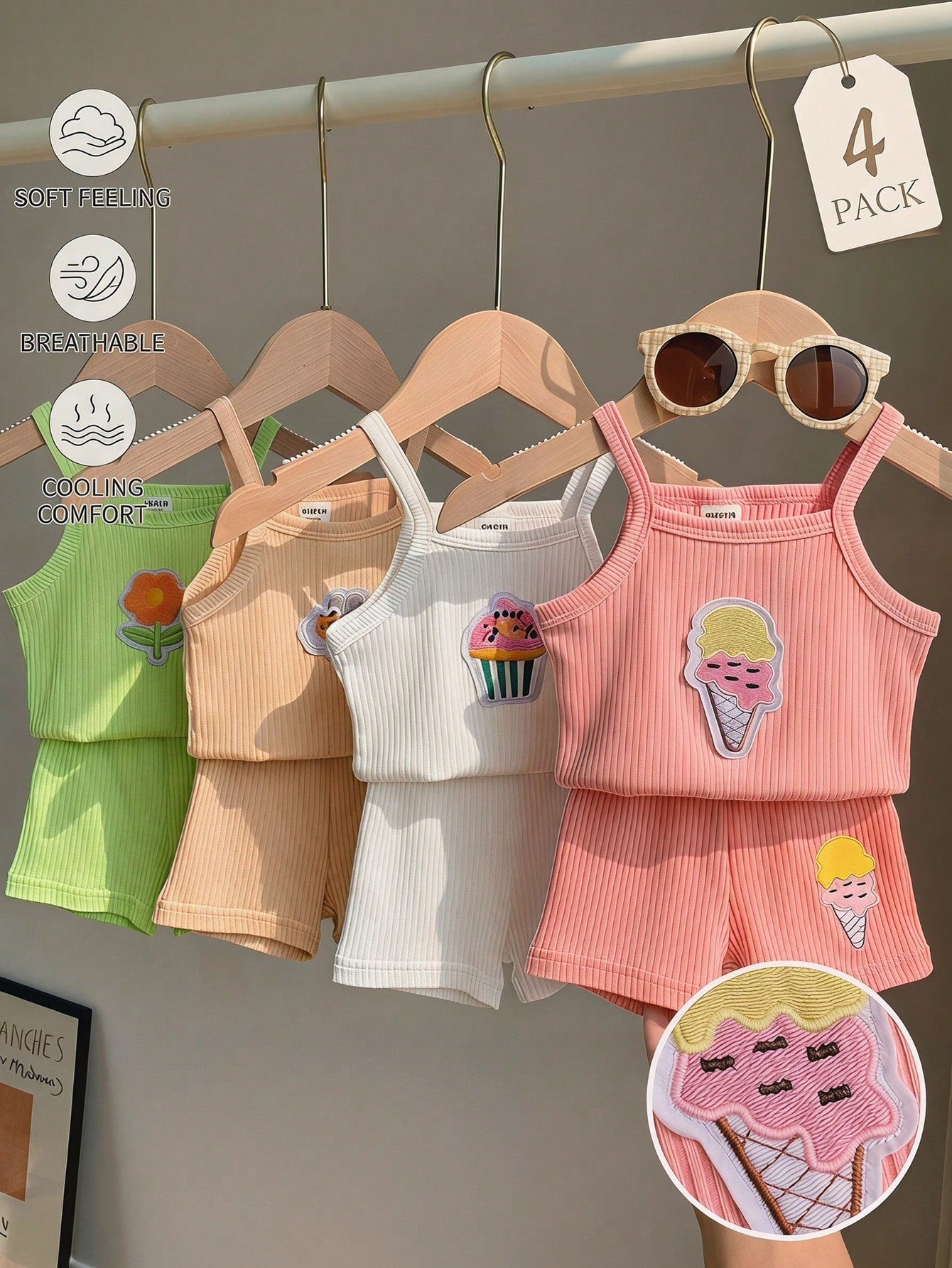 Baby Girl Rib Knit Ice Cream Tank Tops Shorts 2 Pieces Sets