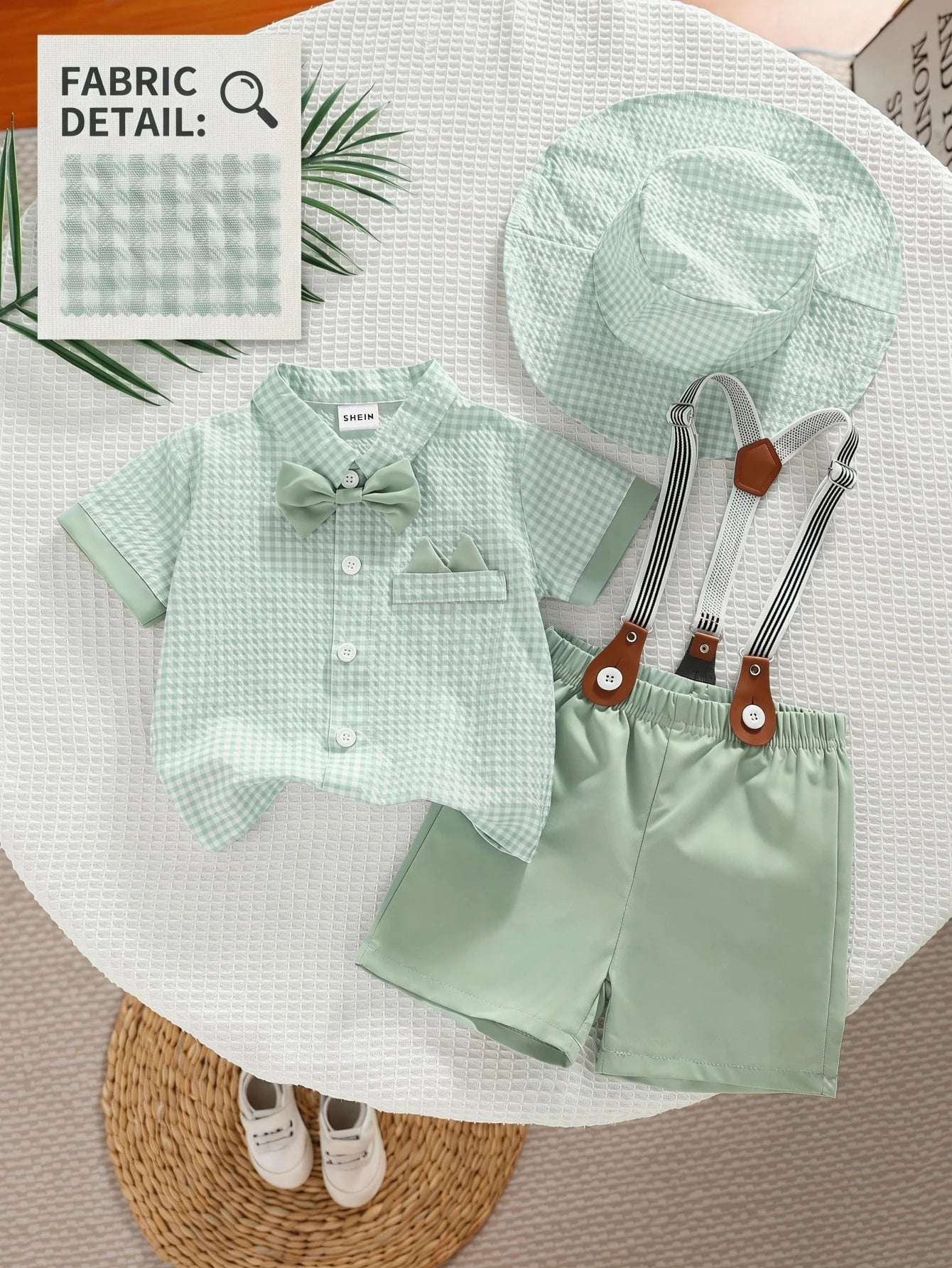 Plaid Seersucker Shirt Suspender Shorts 4pcs Gentleman Cute Outfit