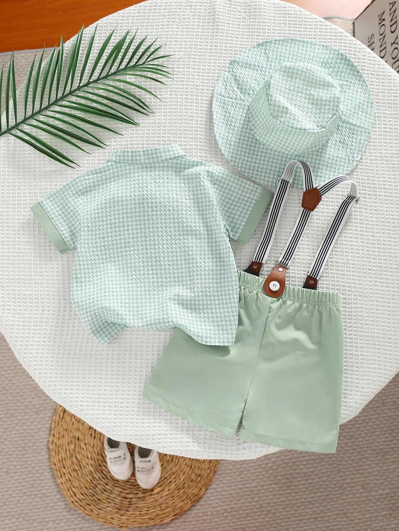 Plaid Seersucker Shirt Suspender Shorts 4pcs Gentleman Cute Outfit