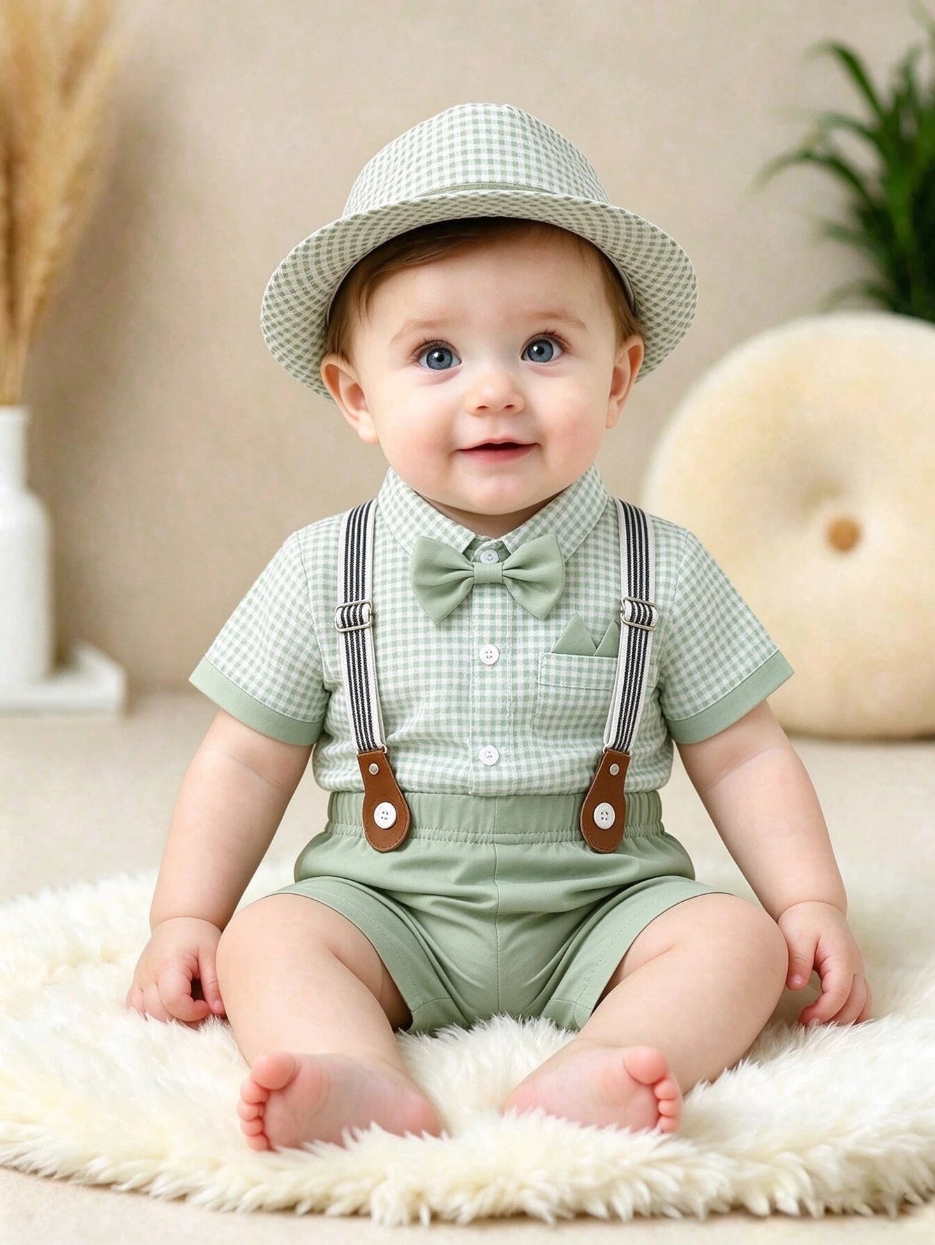 Plaid Seersucker Shirt Suspender Shorts 4pcs Gentleman Cute Outfit