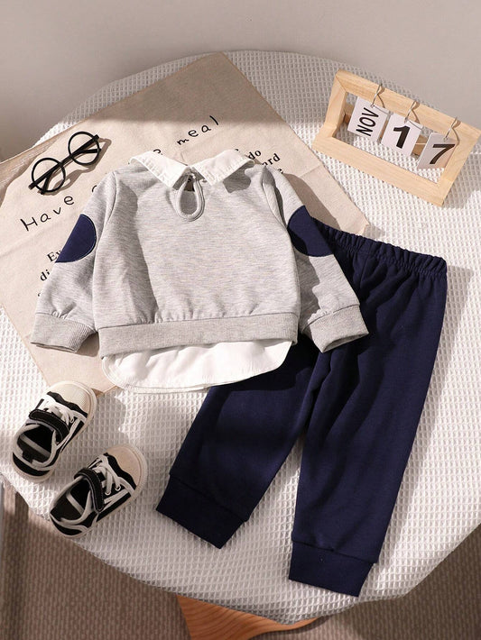 Cute Bear & Football Embroidered Shirt Collar 2 In 1 Sweatshirt And Sweatpants-S