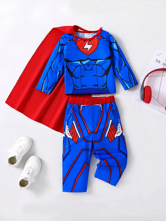 Baby Boys Cartoon Mecha Print Long Sleeve T-Shirt And Pants Set With Cape