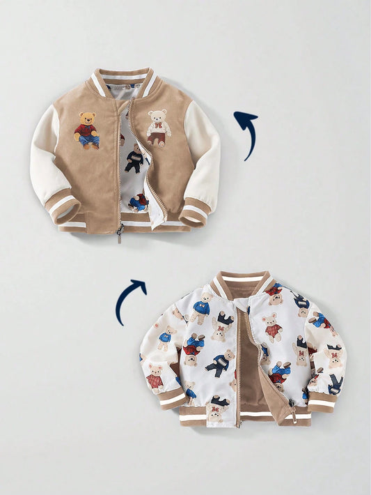 Baby Boy Contrast Stripes Ribbed Collar Cute Bear Print Reversible Zip-Up Jacket Brown