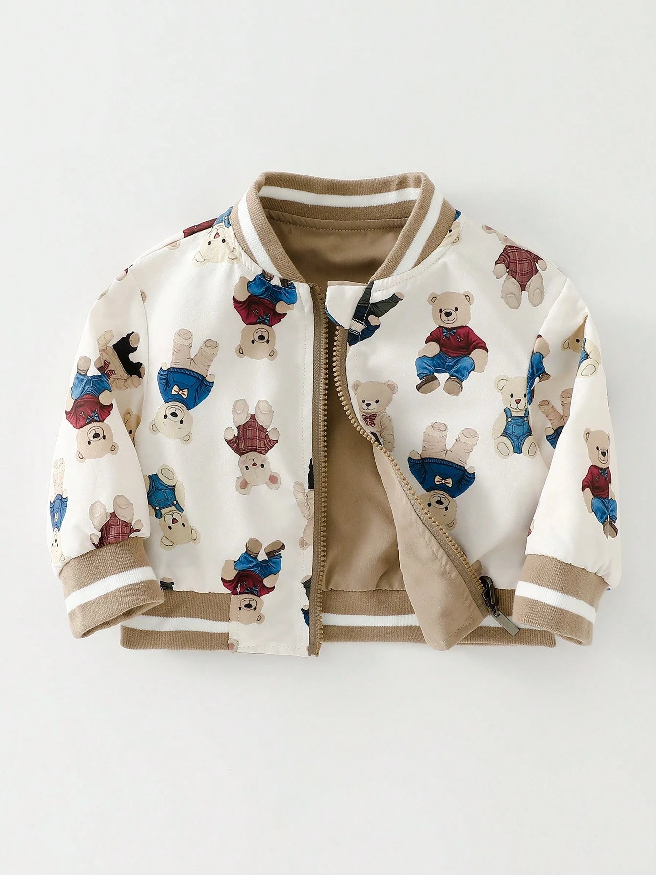Baby Boy Contrast Stripes Ribbed Collar Cute Bear Print Reversible Zip-Up Jacket