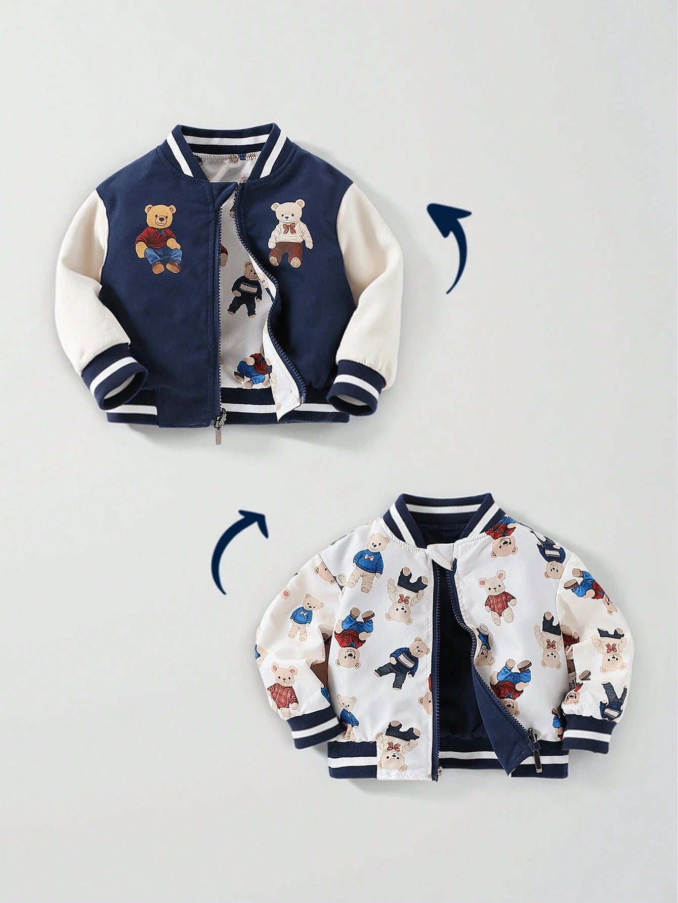 Baby Boy Contrast Stripes Ribbed Collar Cute Bear Print Reversible Zip-Up Jacket Multicolor