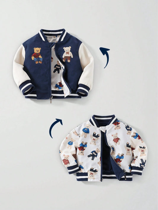 Baby Boy Contrast Stripes Ribbed Collar Cute Bear Print Reversible Zip-Up Jacket-S