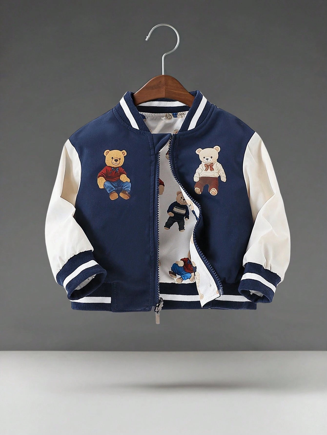 Baby Boy Contrast Stripes Ribbed Collar Cute Bear Print Reversible Zip-Up Jacket
