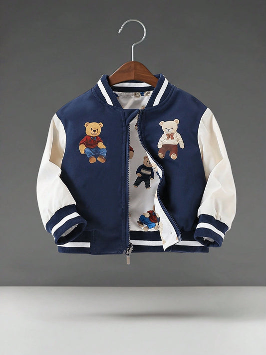 Baby Boy Contrast Stripes Ribbed Collar Cute Bear Print Reversible Zip-Up Jacket-S