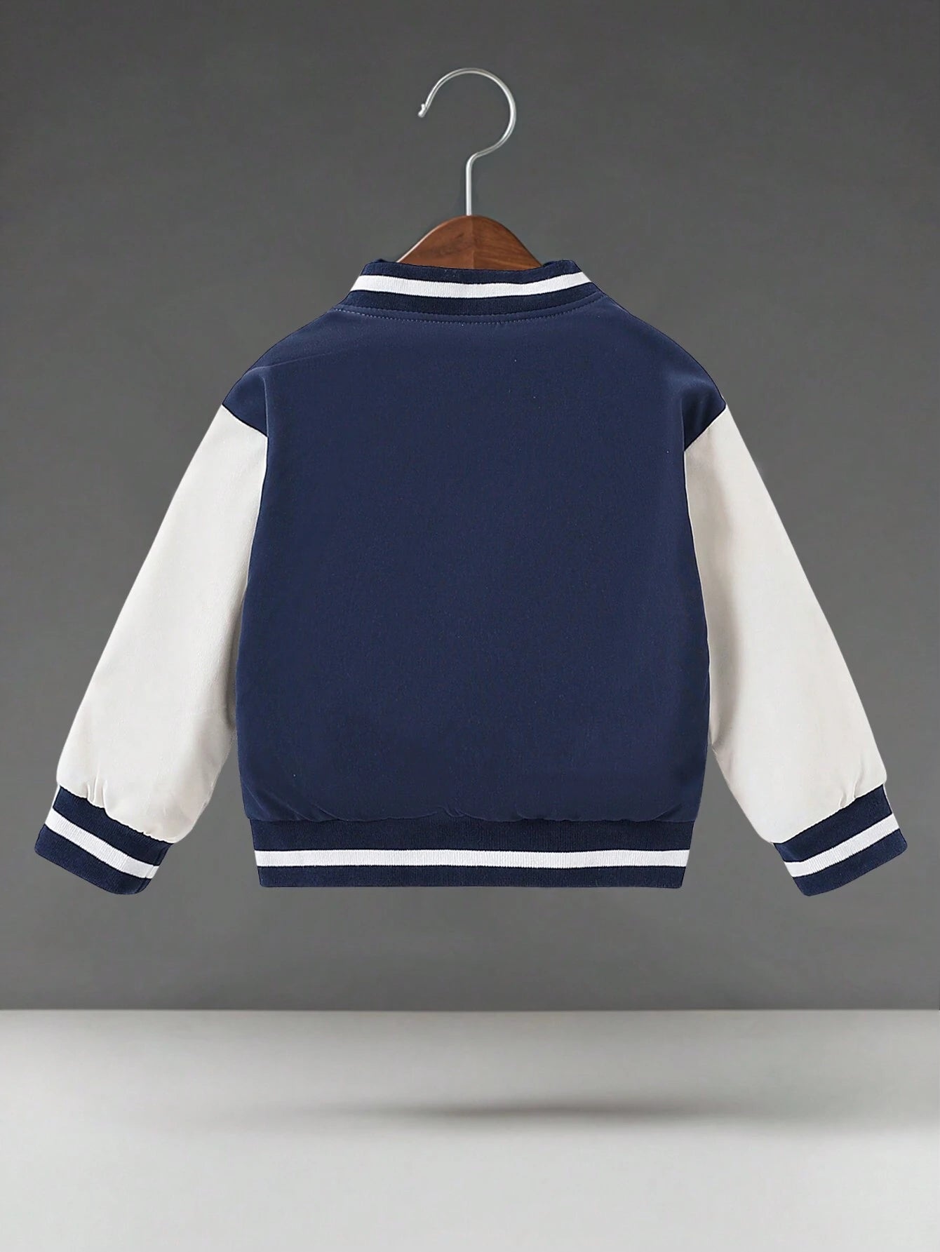 Baby Boy Contrast Stripes Ribbed Collar Cute Bear Print Reversible Zip-Up Jacket