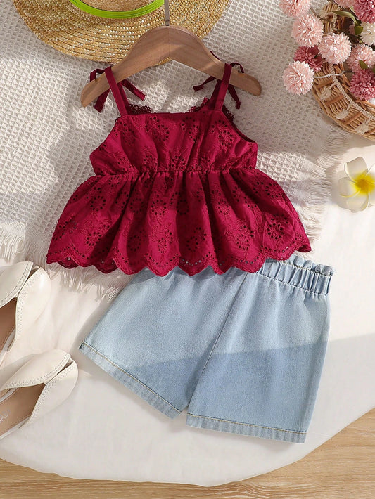 Baby Girl Embroidered & Burnout Strap Tank Top And Shorts Set