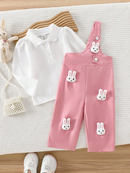 Cute Rabbit Embroidery Patch POLO Collar Long Sleeve Sweatshirt And Woven One Shoulder Jumpsuit Pink