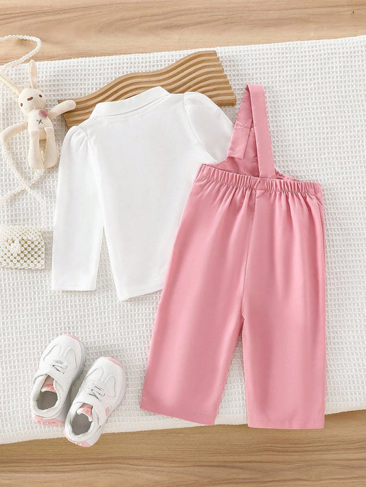 Cute Rabbit Embroidery Patch POLO Collar Long Sleeve Sweatshirt And Woven One Shoulder Jumpsuit