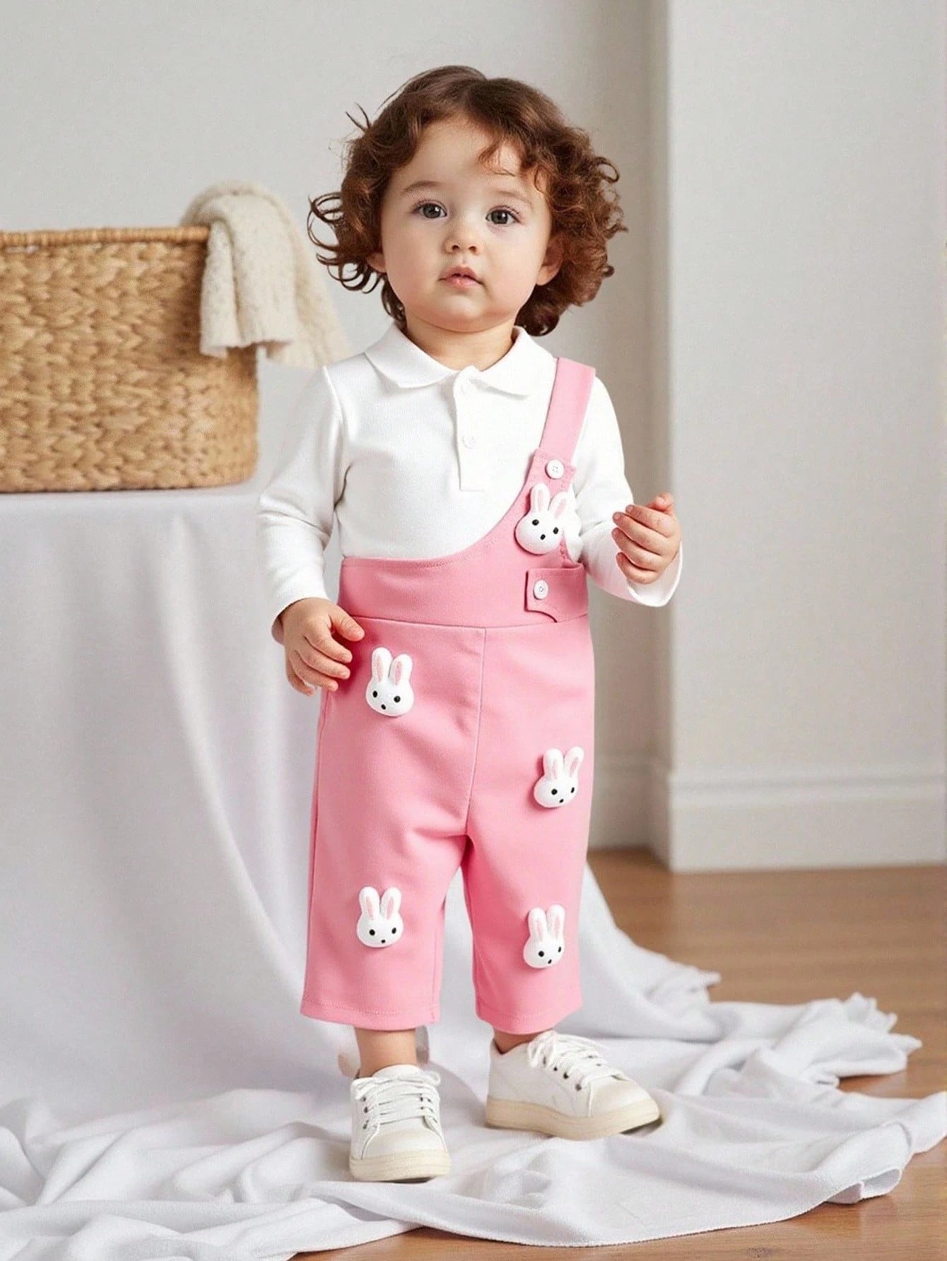 Cute Rabbit Embroidery Patch POLO Collar Long Sleeve Sweatshirt And Woven One Shoulder Jumpsuit