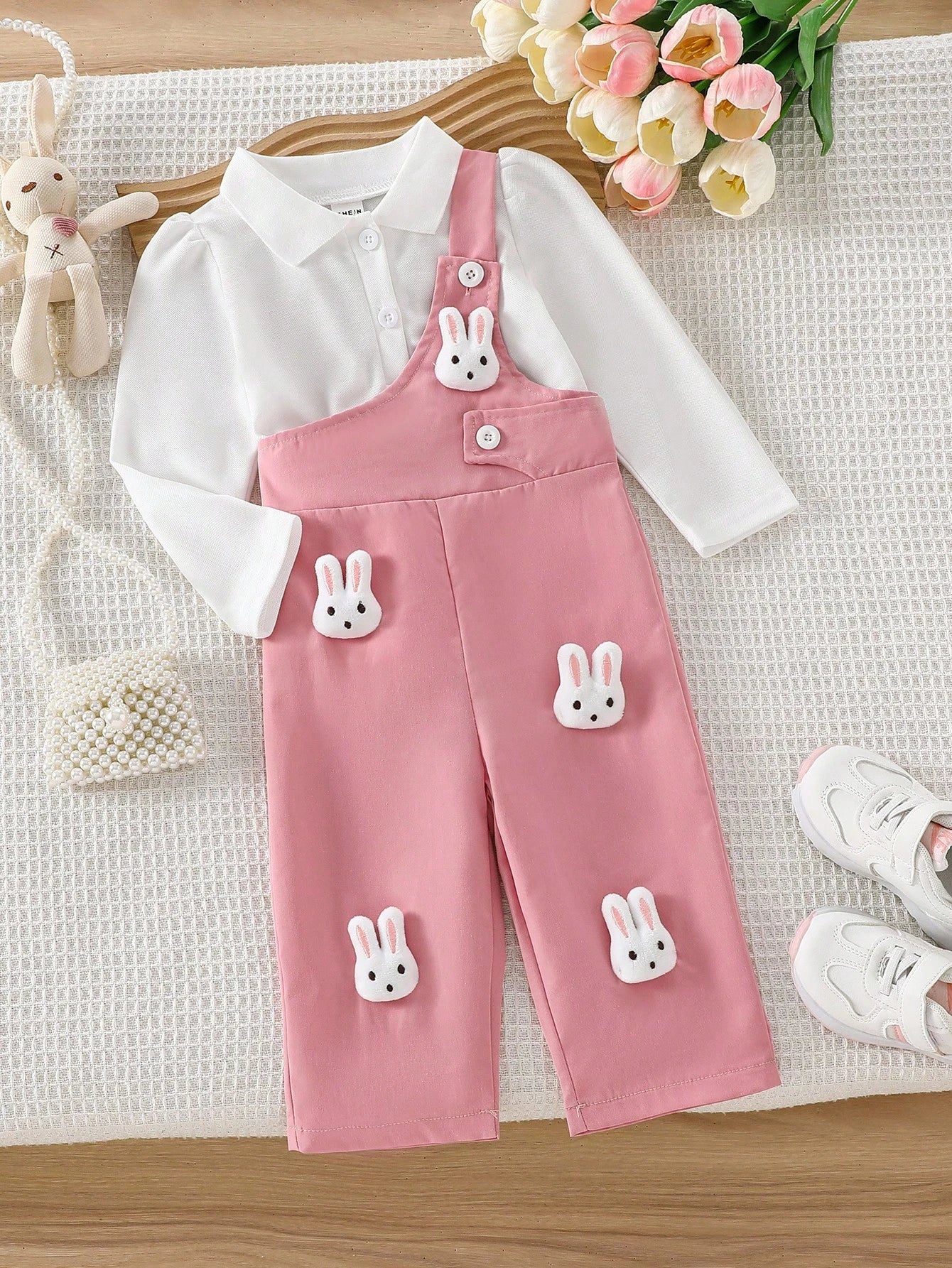 Cute Rabbit Embroidery Patch POLO Collar Long Sleeve Sweatshirt And Woven One Shoulder Jumpsuit