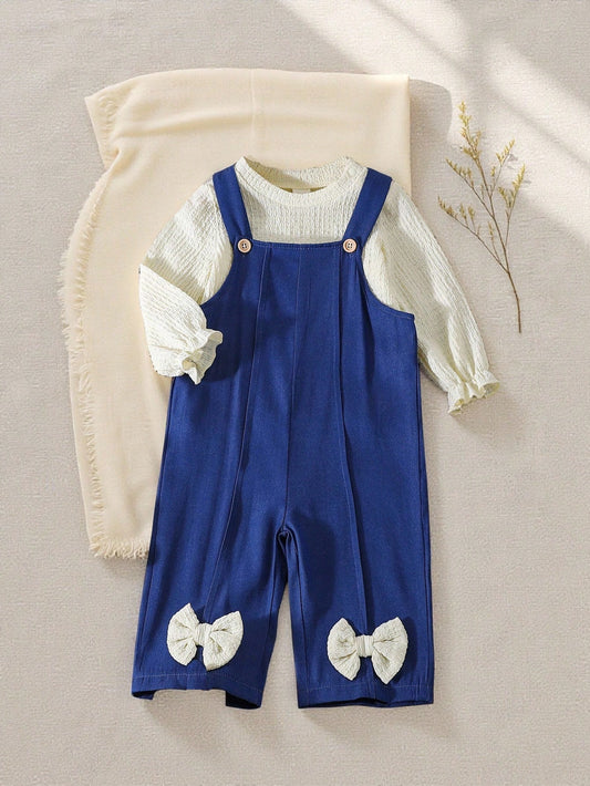 Crew Neck Jacquard Lantern Sleeve Top And Woven Bib Pants Set Blue