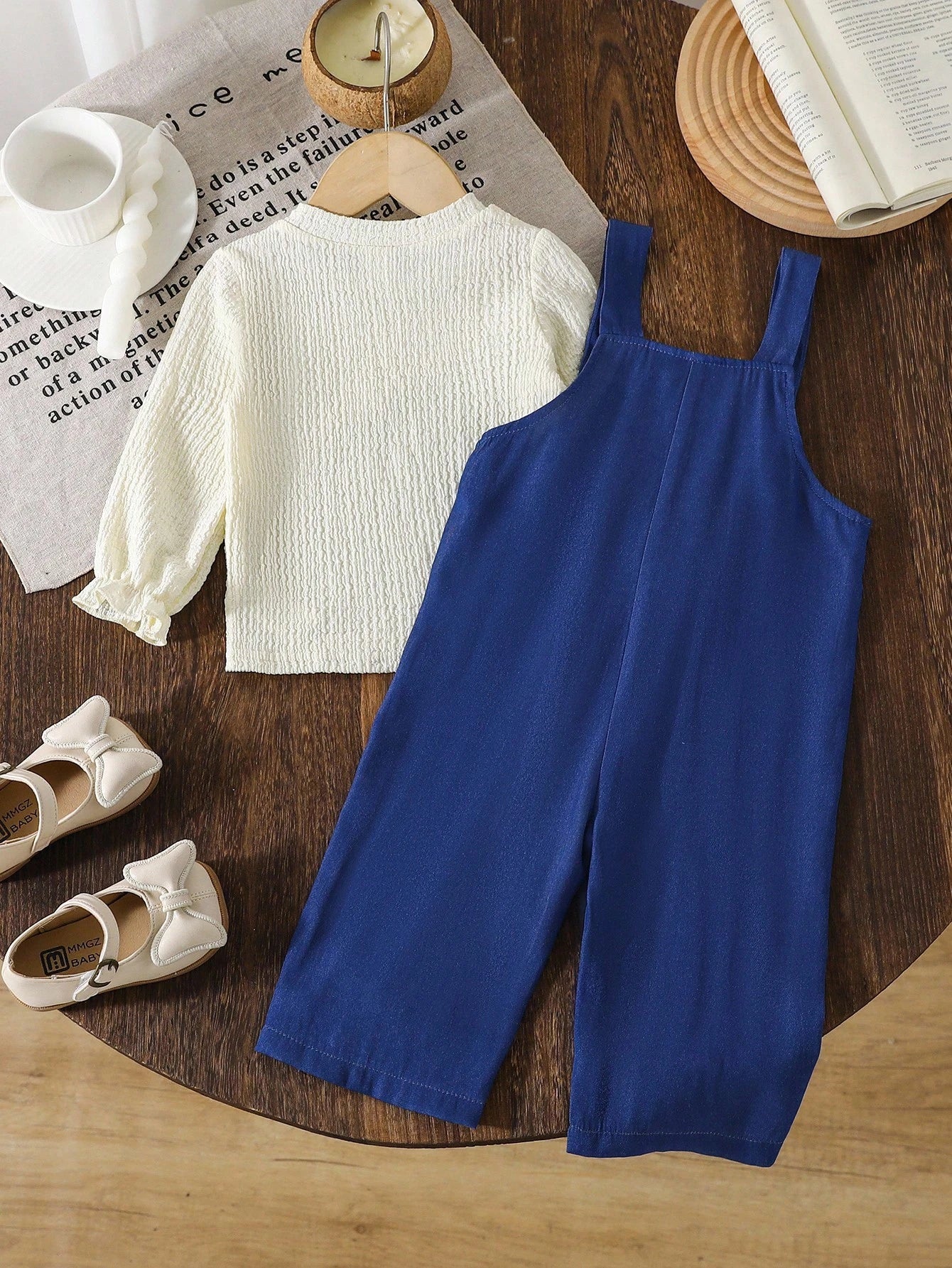 Crew Neck Jacquard Lantern Sleeve Top And Woven Bib Pants Set