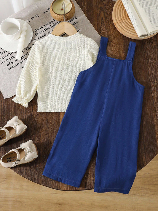 Crew Neck Jacquard Lantern Sleeve Top And Woven Bib Pants Set