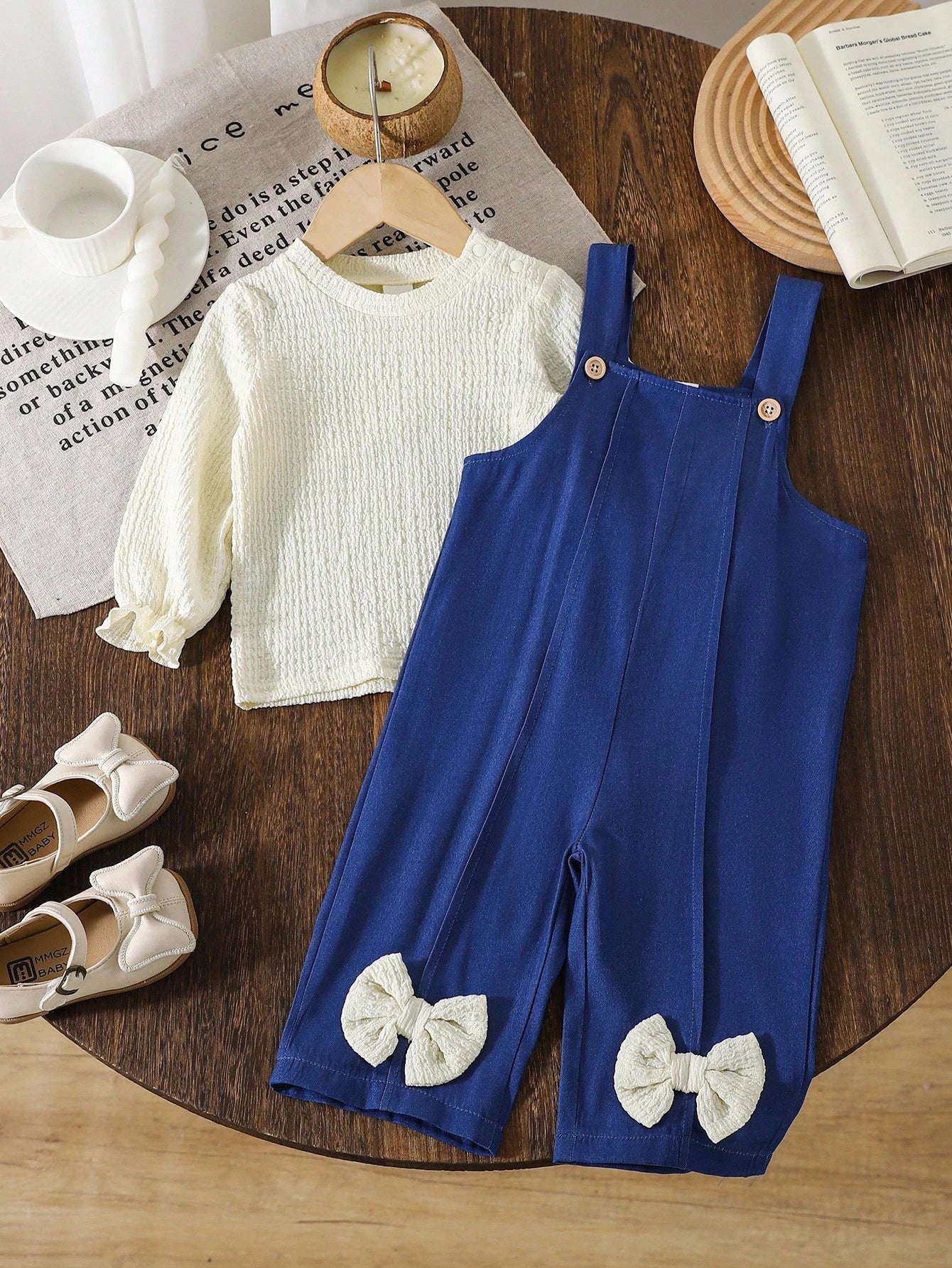 Crew Neck Jacquard Lantern Sleeve Top And Woven Bib Pants Set