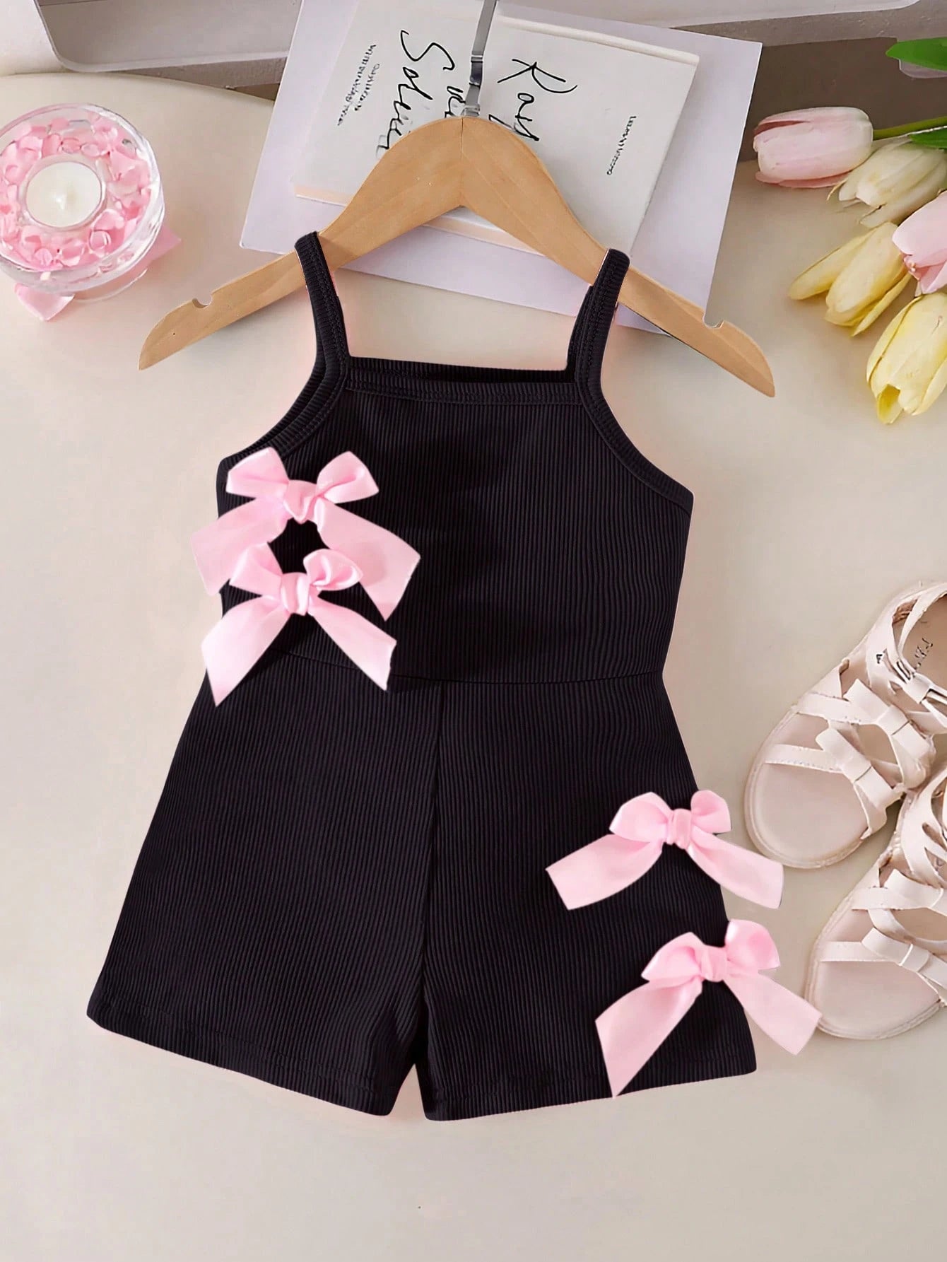 Casual Sleeveless Elastic Ribbed Fabric Bow Decor Romper