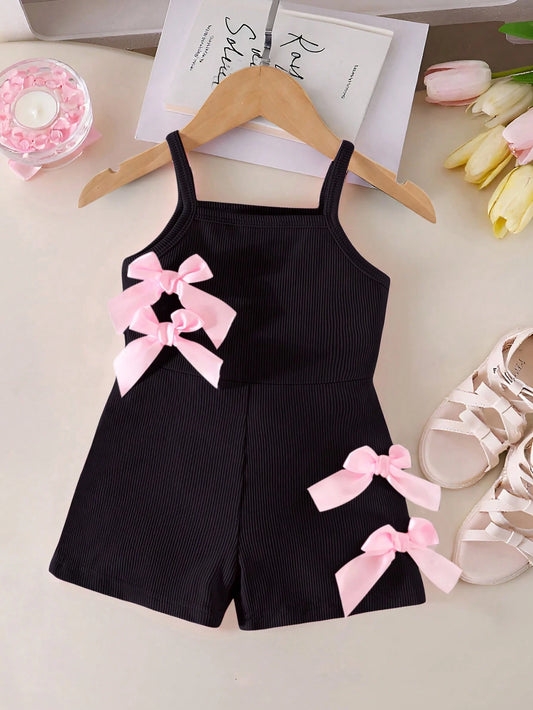 Casual Sleeveless Elastic Ribbed Fabric Bow Decor Romper