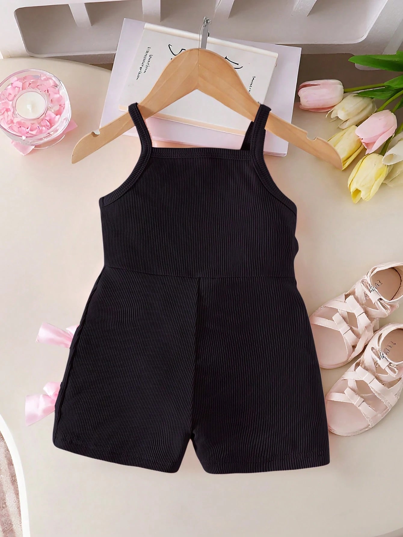 Casual Sleeveless Elastic Ribbed Fabric Bow Decor Romper