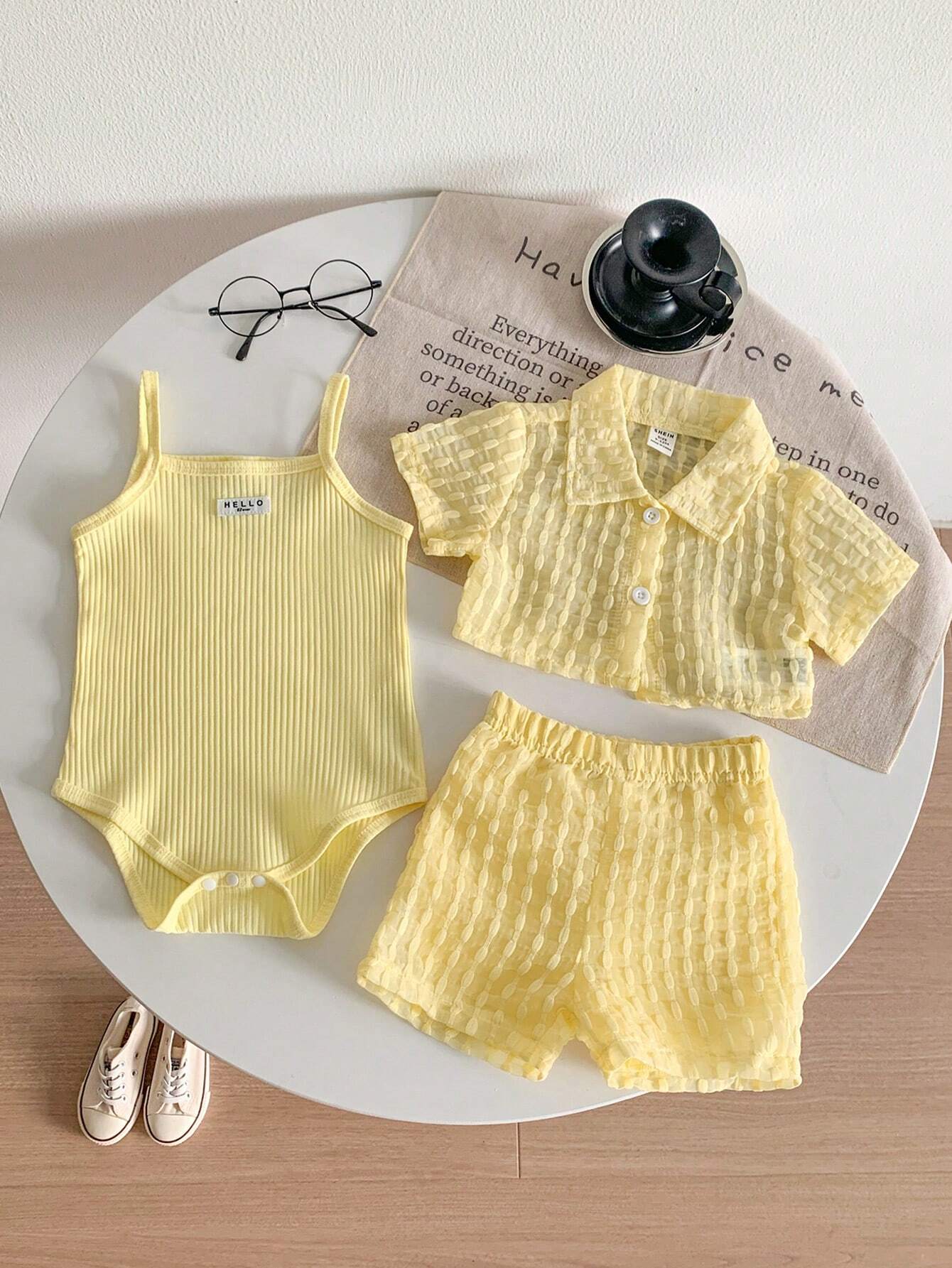 Textured Fabric Short Sleeved Shirt+Shorts+Suspenders Bodysuit 3pcs Set