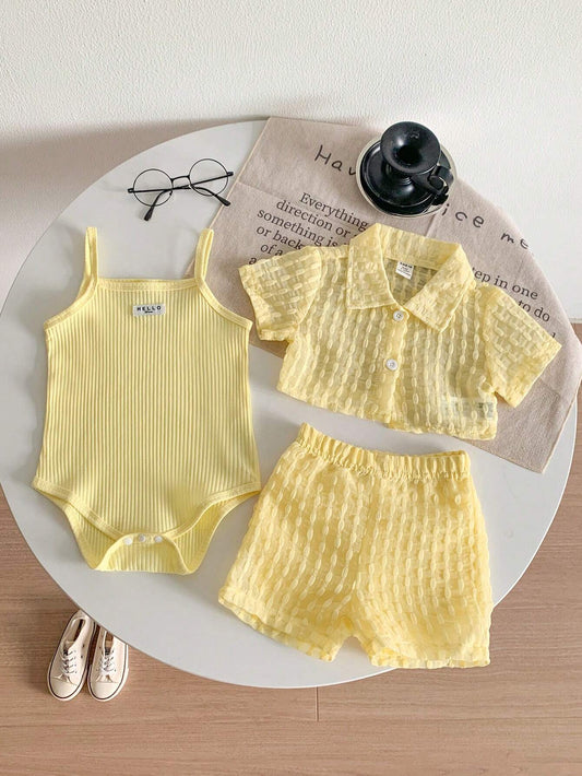 Textured Fabric Short Sleeved Shirt+Shorts+Suspenders Bodysuit 3pcs Set